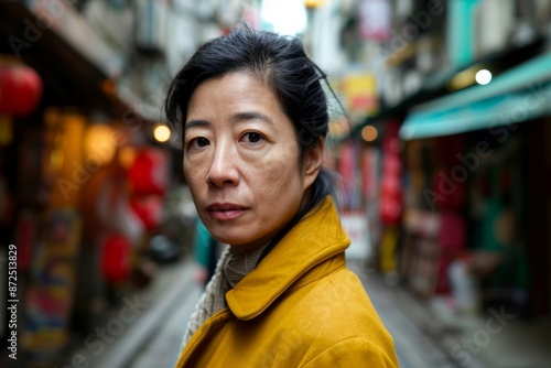 Portrait of asian woman wearing yellow coat in the street.