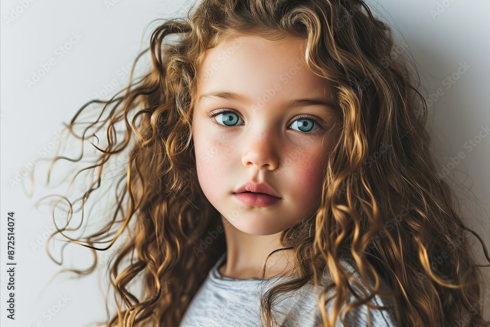 Fototapeta premium Portrait of a beautiful little girl with long curly hair on white background