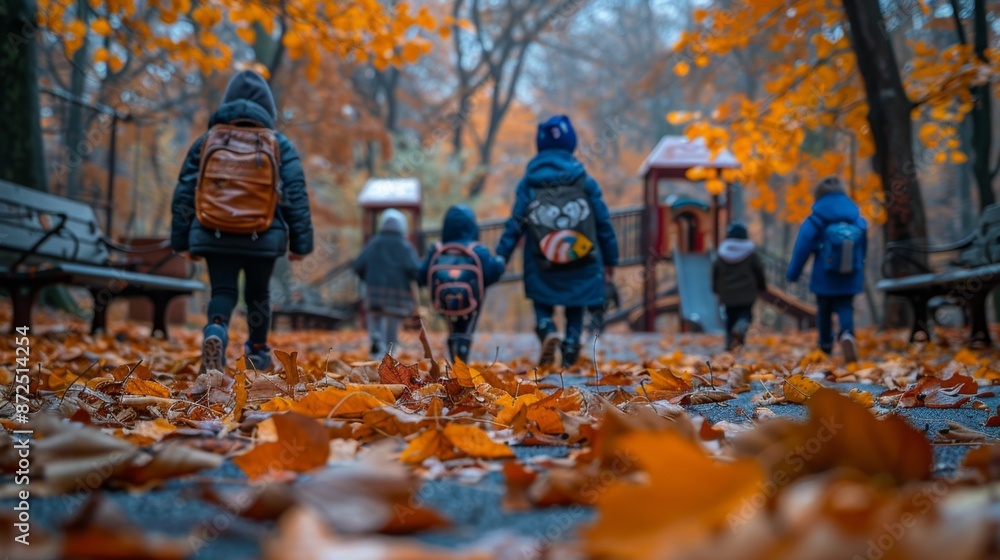 Fototapeta premium Children Walking in Autumn Park - Generative AI