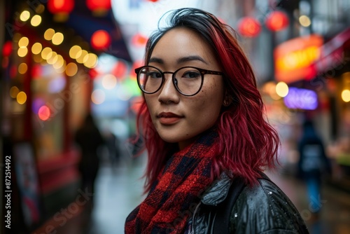 Portrait of beautiful young Asian woman with red hair wearing glasses and red scarf in the city.