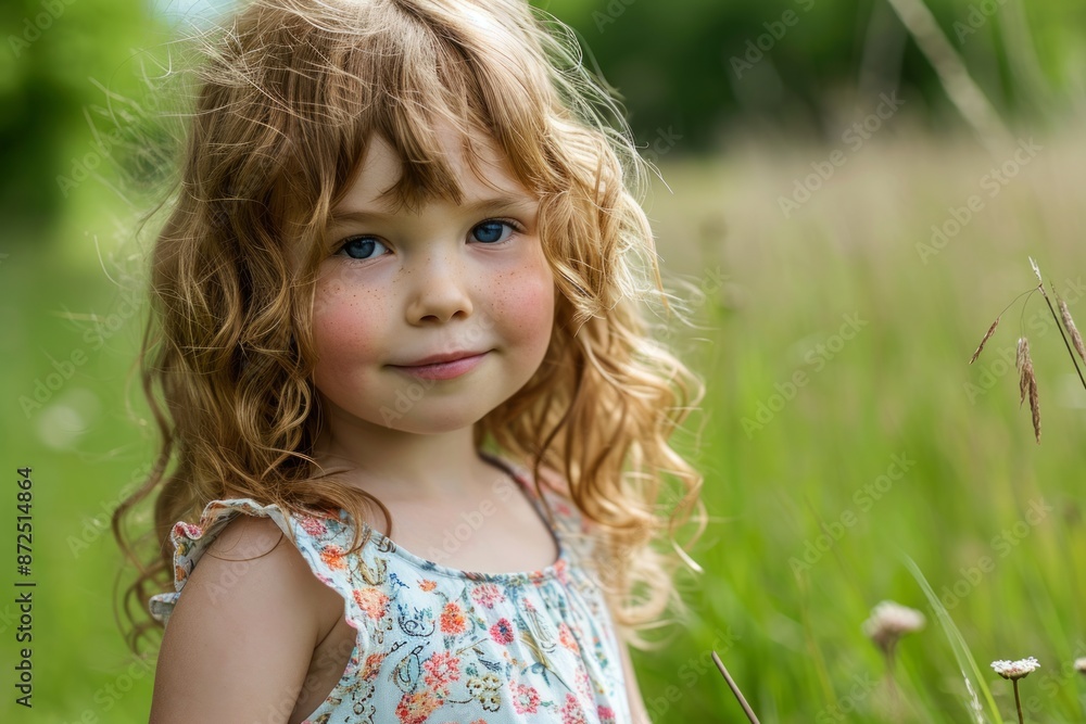 Portrait of a cute little girl with long curly hair in the field Portrait of a cute little girl with long curly hair in the field