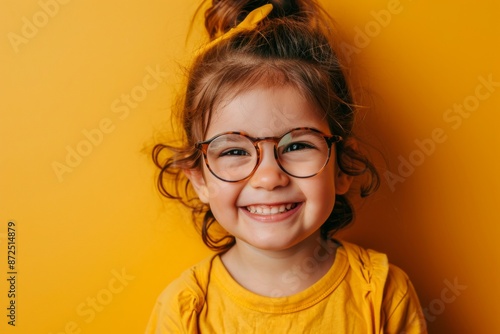 Portrait of a smiling little girl in glasses on a yellow background