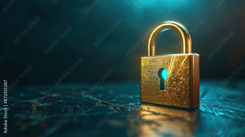 Fototapeta premium A golden lock with a keyhole is shown on a dark background. Generate AI