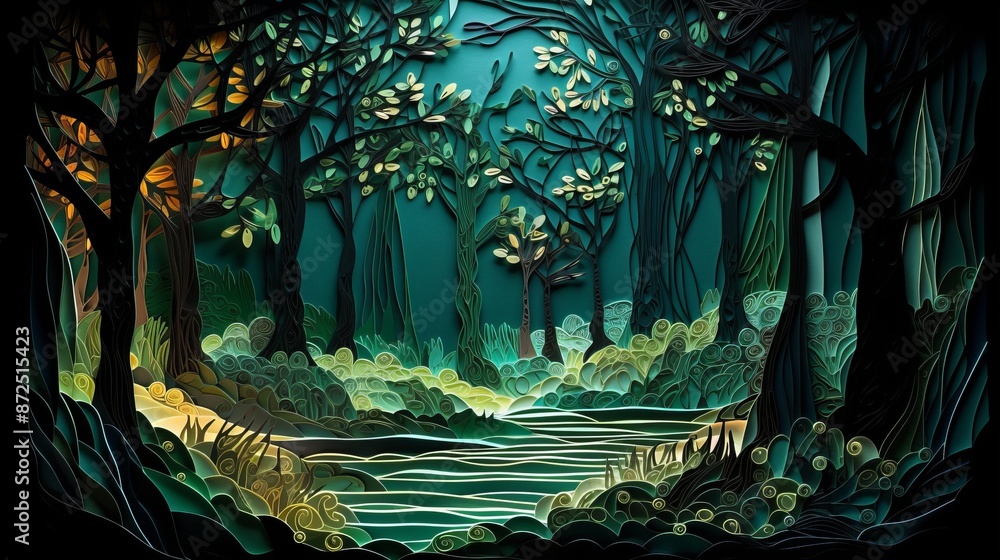 Obraz premium An art piece depicting a natural landscape with trees, grass, and a river. The painting captures the electric blue hues of the water against the darkness of the forest