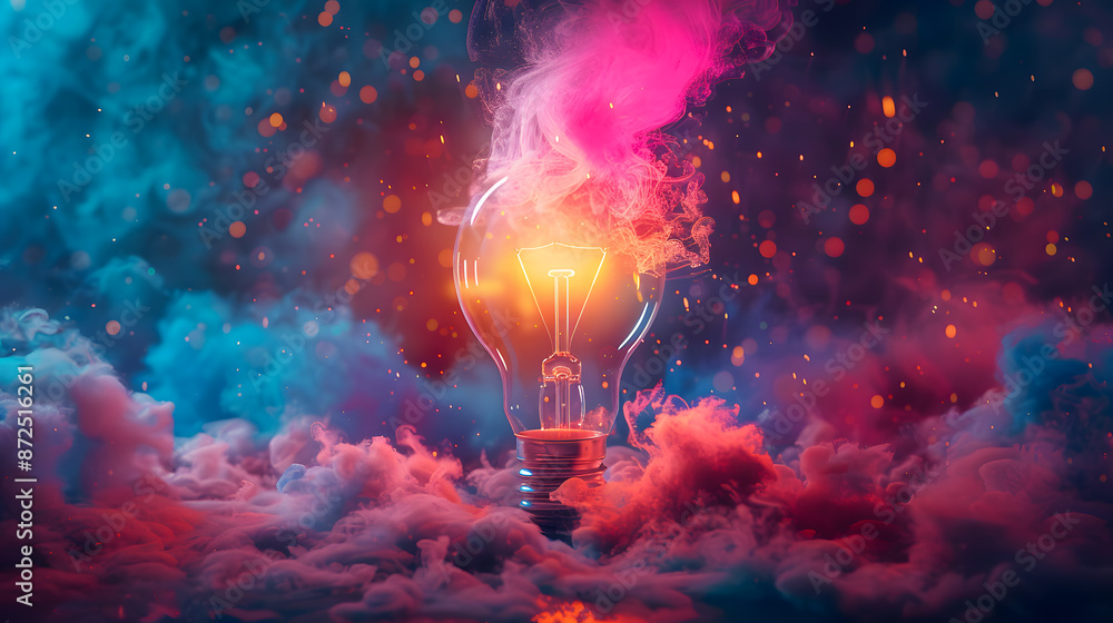Creative light bulb explodes with colorful paint and splashes on a black background. Think differently creative idea concept Creative light bulb explodes with colorful paint and splashes on a black background. Think differently creative idea concept