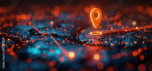 Orange Pinpoint Location Marker on Digital Map With Glowing Lines