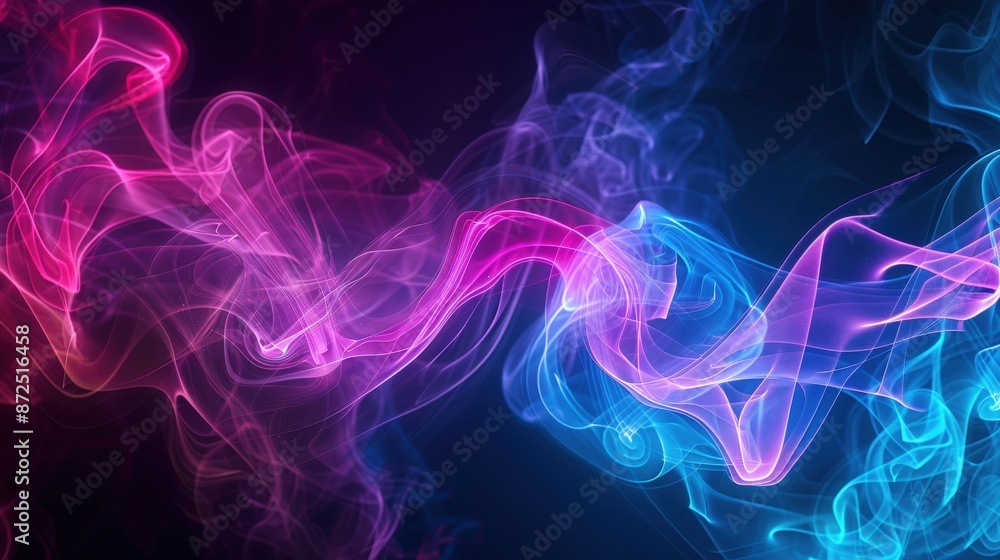 Fototapeta premium Swirling abstract smoke in neon colors against dark backdrop