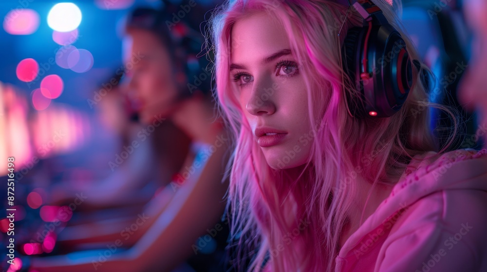Gamer Girl in Neon Lights Focused on Esports Competition - Generative AI Gamer Girl in Neon Lights Focused on Esports Competition - Generative AI