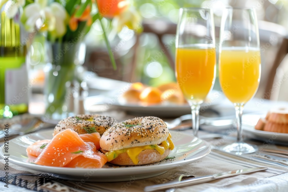Breakfast Table with Bagels, Smoked Salmon, and Orange Juice Breakfast Table with Bagels, Smoked Salmon, and Orange Juice