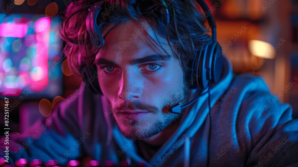 Focused Gamer in Neon Lights - Generative AI Focused Gamer in Neon Lights - Generative AI