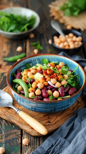 Bowl of healthy chickpea and kidney bean salad with fresh vegetables on wooden table, garnished with herbs, perfect for a nutritious meal.