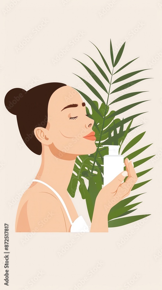 of a woman enjoying a skincare product with green tropical leaves in the background. of a woman enjoying a skincare product with green tropical leaves in the background.