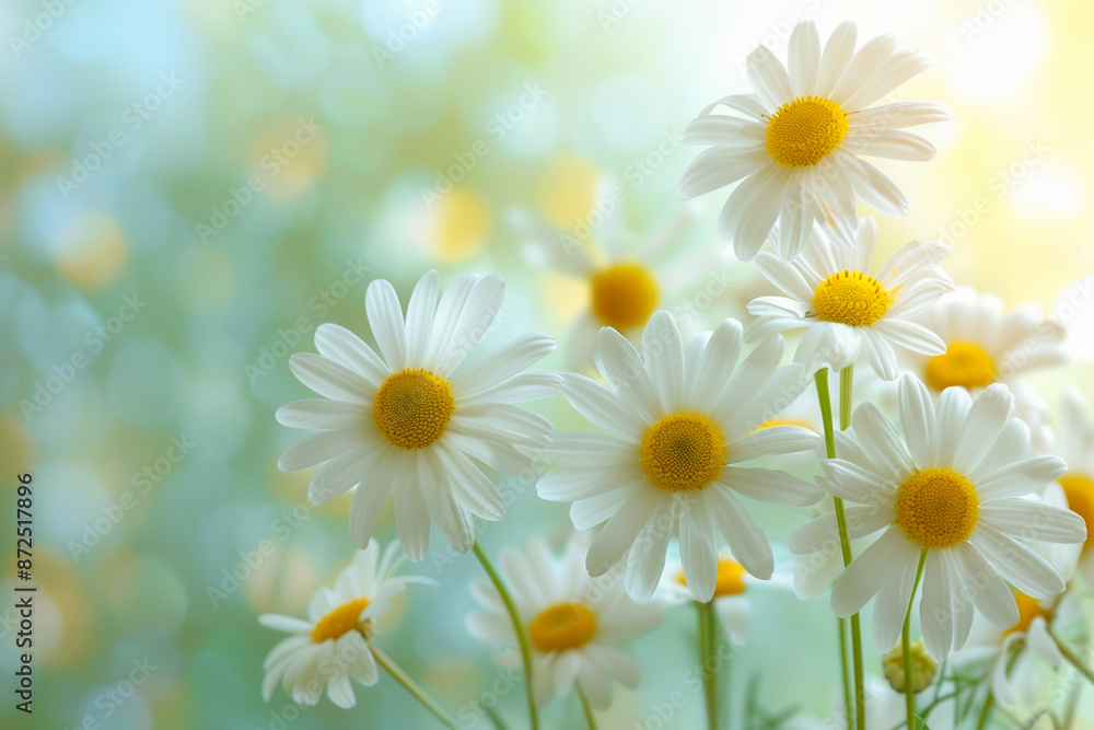Fototapeta premium Close-up of bright chamomile flowers with sunlight filtering through, creating a soft, dreamy background