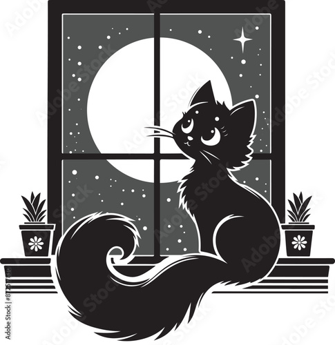 A black cat sitting on a windowsill with a full moon in the night sky, surrounded by potted plants