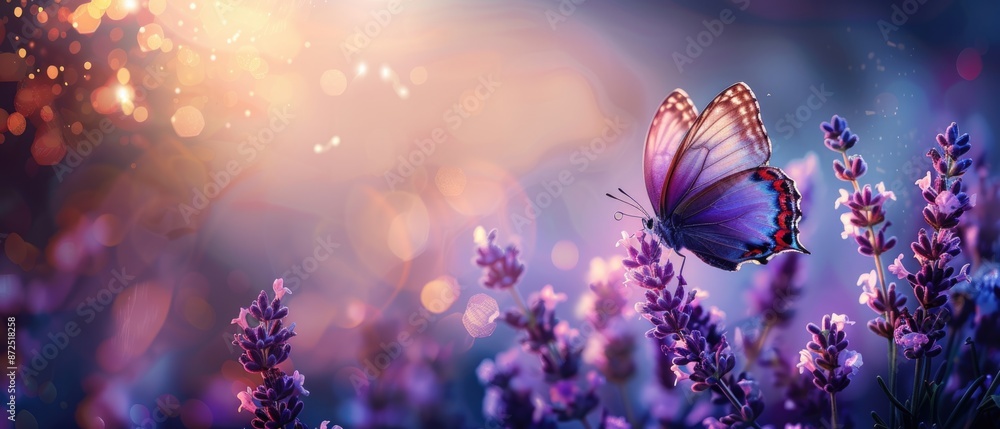 Obraz premium Sunny summer nature background with fly butterfly and lavender flowers with sunlight and bokeh. Outdoor nature banner