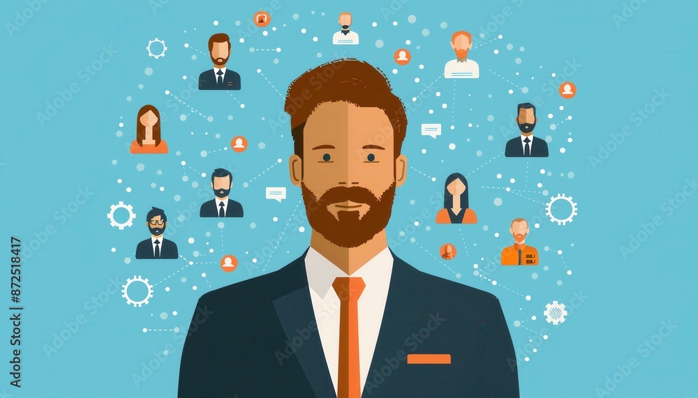 Digital of a network connected businessman surrounded by people icons, representing social media and networking concepts.