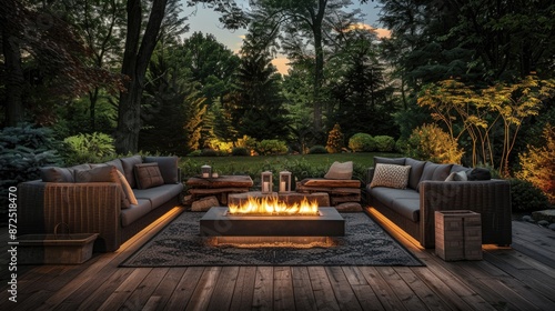 Modern cozy outdoor patio with fireplace, comfortable sofas in the carefully landscaped garden of a country house