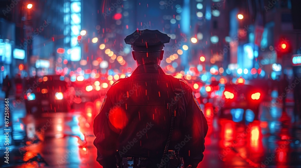 Police Officer Standing in the Rainy City Street - Generative AI