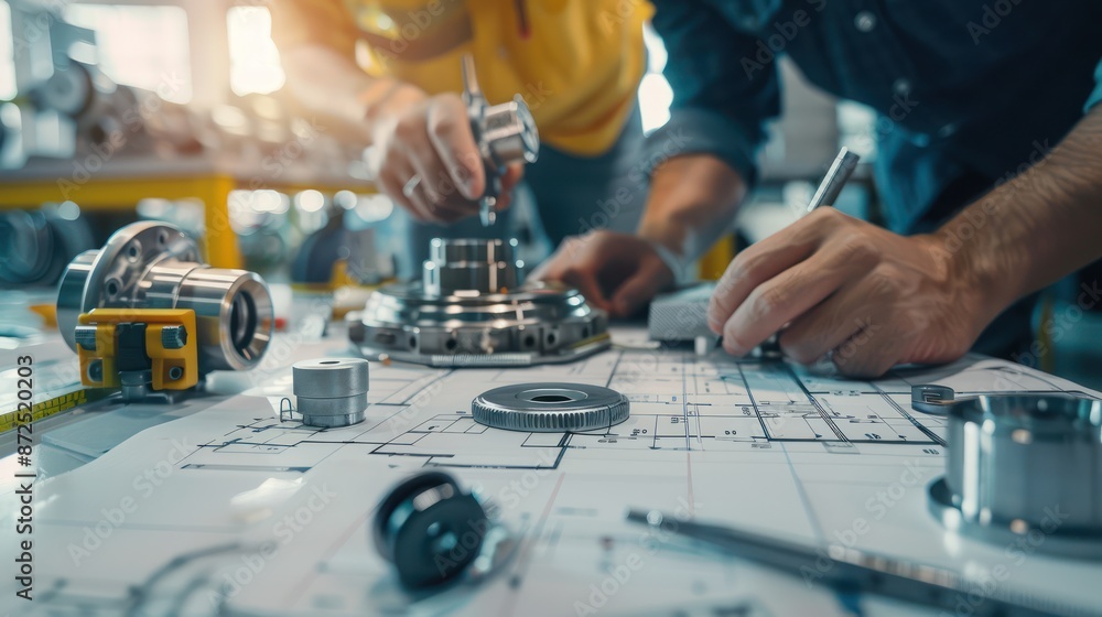A Close-up view of engineers and technicians designing and engineering mechanical parts. Industrial engine factory, blueprints, bearing measurement, calipers, tools, industrial background. A Close-up view of engineers and technicians designing and engineering mechanical parts. Industrial engine factory, blueprints, bearing measurement, calipers, tools, industrial background.