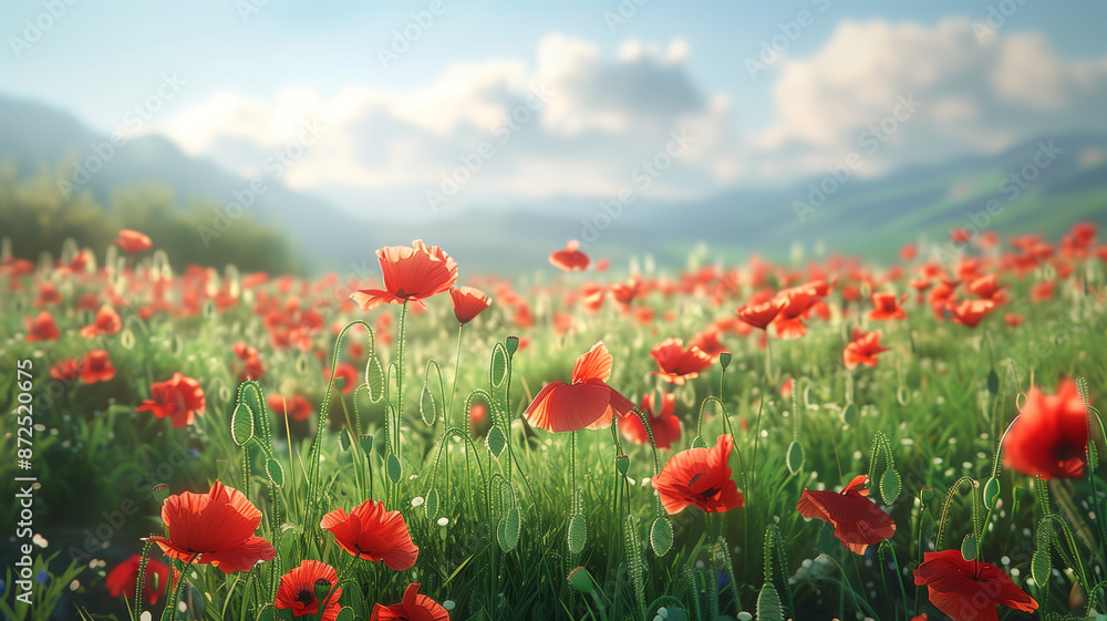 A field of poppies swaying gently in the wind, their bright red petals standing out against the green grass. The scene is peaceful, with a clear sky and distant hills.