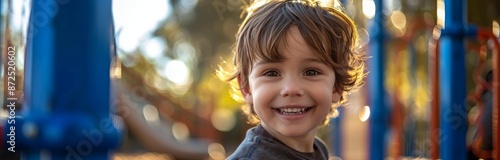 Smiling Young Boy Playing on Playground During Sunny Day