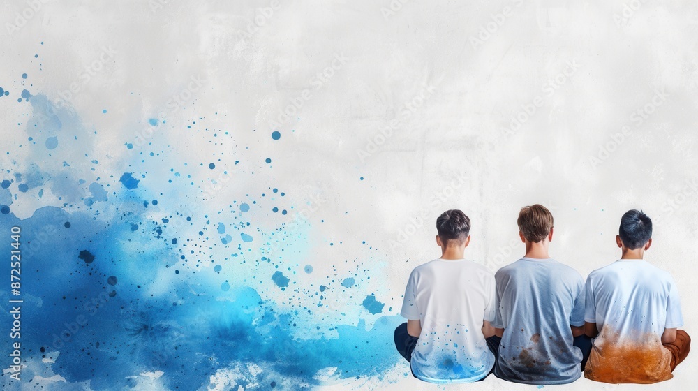 Fototapeta premium Three young people sitting on a concrete surface with a splash of blue paint on the left side, symbolizing creativity and tranquility.