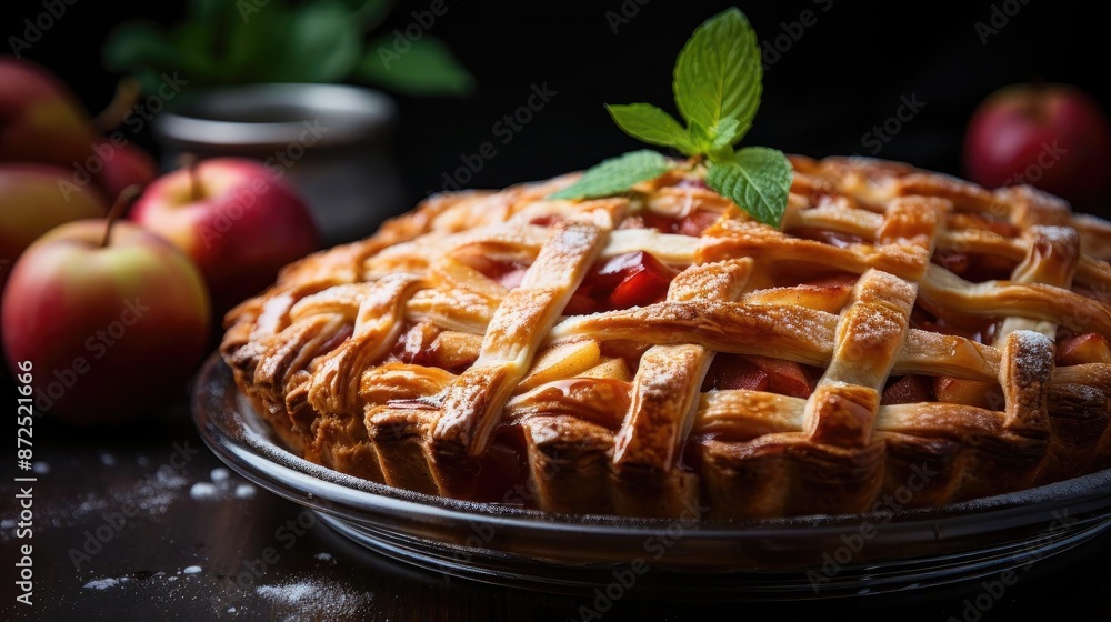 sweet apple pie with white sugar sprinkles on a wooden tray and blurred background sweet apple pie with white sugar sprinkles on a wooden tray and blurred background