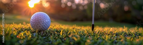 Golf Ball on Green Grass With Sunset in Background