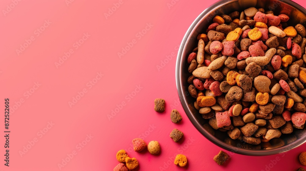 Dry Dog Food in a Bowl on a Pink Background Pet Food for Healthy Dogs Dry Dog Food in a Bowl on a Pink Background Pet Food for Healthy Dogs