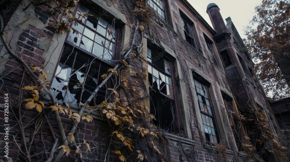 Abandoned Brick Building with Broken Windows and Vines Abandoned Brick Building with Broken Windows and Vines