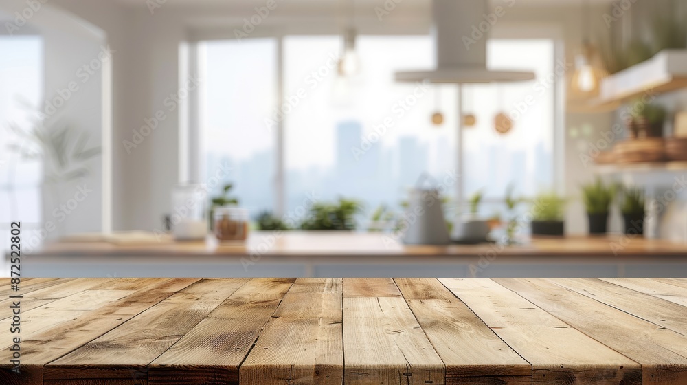 Rustic Wooden Tabletop with Blurred Modern Kitchen Background Perfect for Product Displays Rustic Wooden Tabletop with Blurred Modern Kitchen Background Perfect for Product Displays