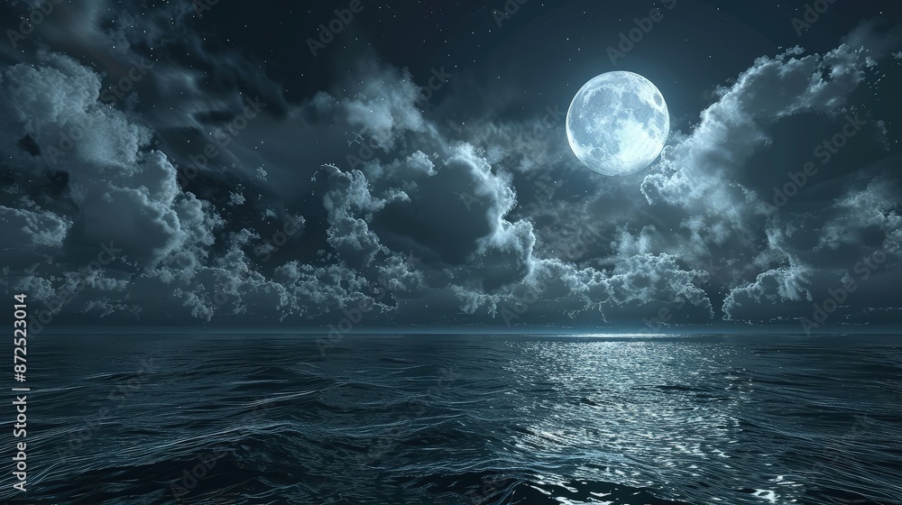Luminous, moonlit clouds above a night sea, their silvery glow casting a mystical light over the dark waters. Luminous, moonlit clouds above a night sea, their silvery glow casting a mystical light over the dark waters.