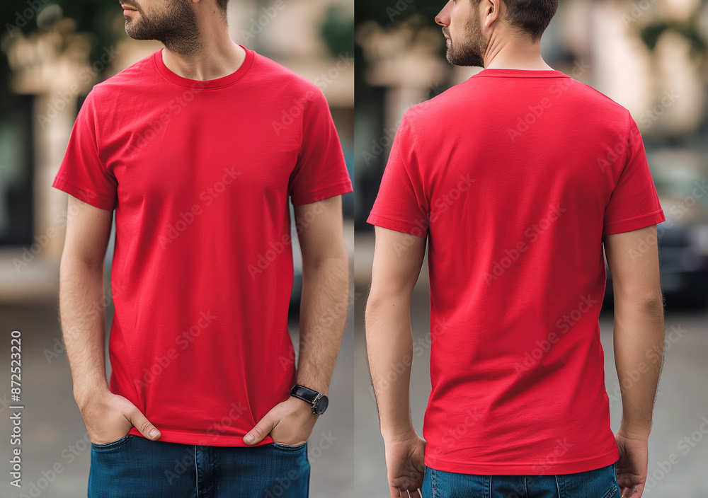 Red t-shirt mockup on male model, front and back view Red t-shirt mockup on male model, front and back view