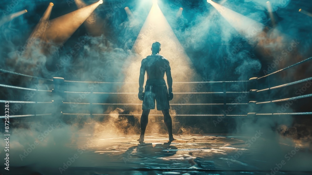 A boxer stands in a ring surrounded by dramatic lighting and smoke, capturing the intensity and anticipation before a fight. A boxer stands in a ring surrounded by dramatic lighting and smoke, capturing the intensity and anticipation before a fight.