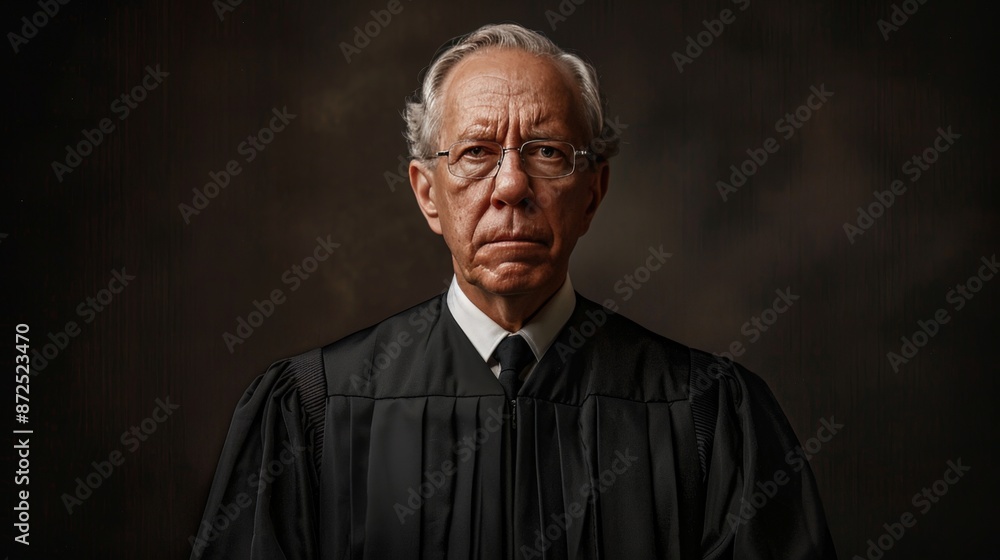Capture a stern portrait of a judge in robes, their expression conveying authority and wisdom, standing against a dark background that emphasizes their imposing presence. Capture a stern portrait of a judge in robes, their expression conveying authority and wisdom, standing against a dark background that emphasizes their imposing presence.