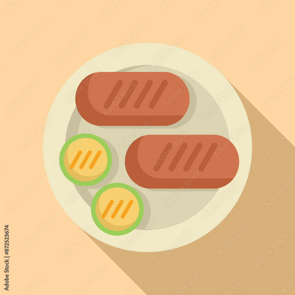 Minimalist illustration of two grilled sausages with zucchini slices on a plate, representing a healthy and delicious meal Minimalist illustration of two grilled sausages with zucchini slices on a plate, representing a healthy and delicious meal