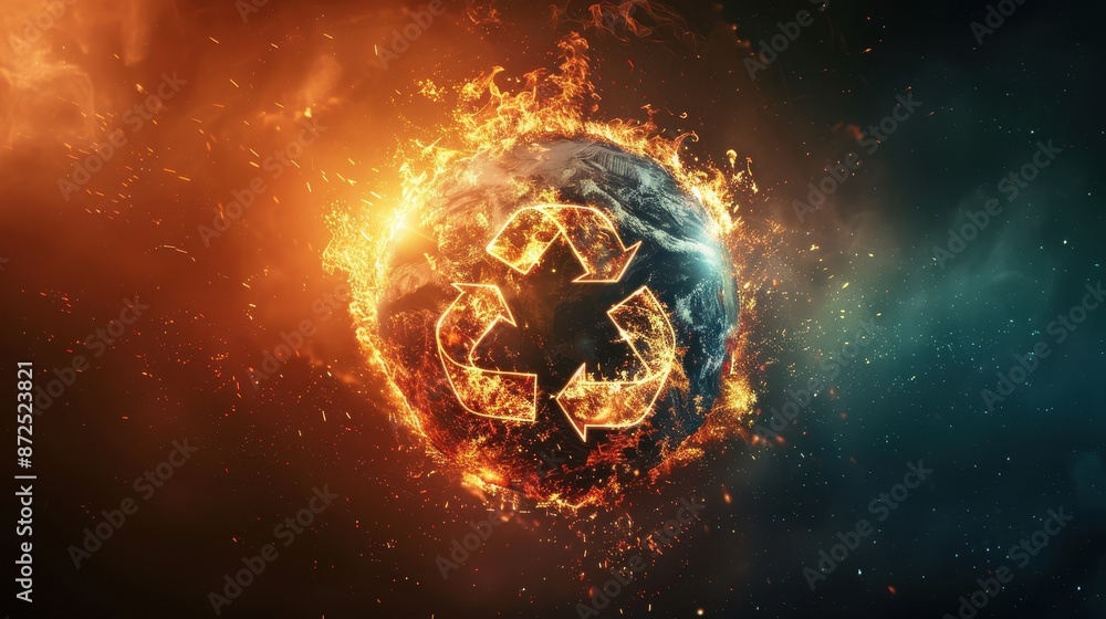 A fire burning a globe with a recycle sign on it A fire burning a globe with a recycle sign on it