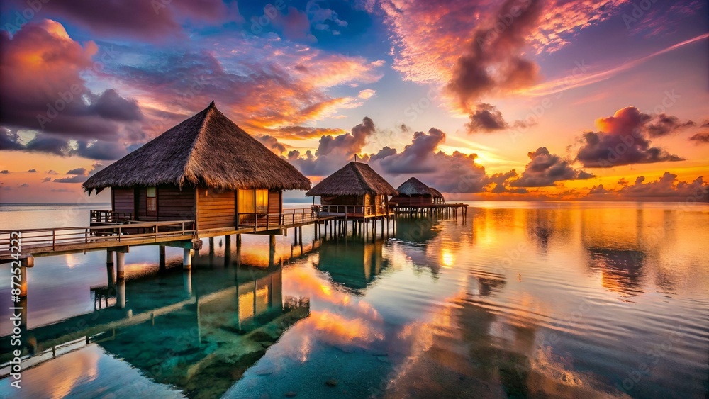 Water bungalow. Sunset on the islands of the Maldives. A place for dreams. Water bungalow. Sunset on the islands of the Maldives. A place for dreams.