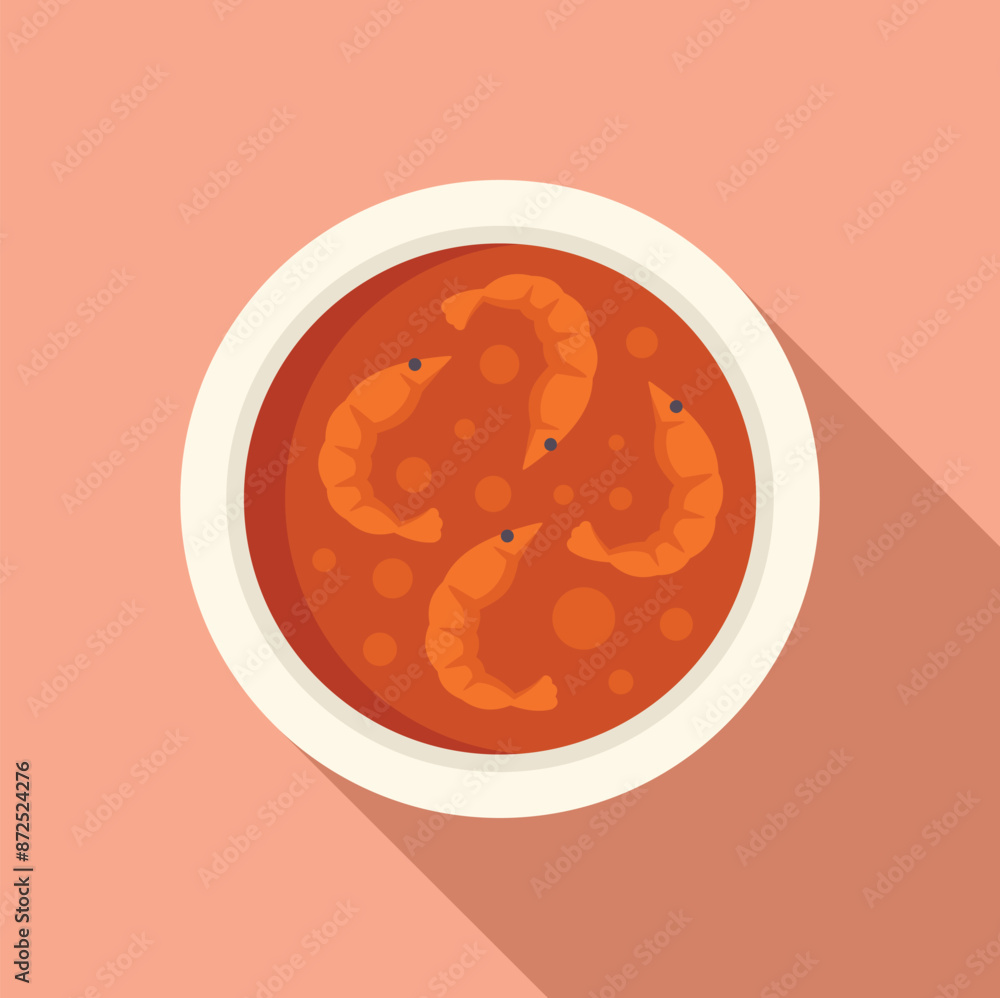 Spicy thai soup with shrimps in white bowl on pink background Spicy thai soup with shrimps in white bowl on pink background