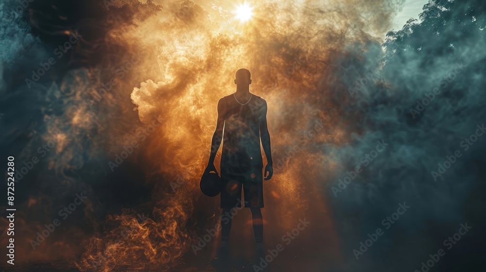 A man is standing in a cloud of smoke, holding a basketball A man is standing in a cloud of smoke, holding a basketball