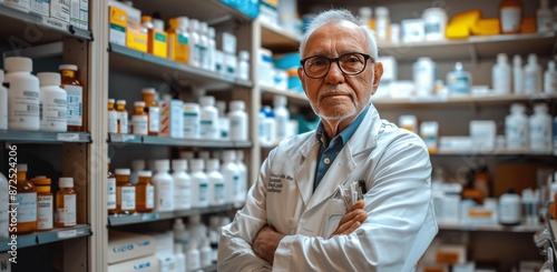 Senior Pharmacist Standing in Pharmacy With Shelves Full of Medicine