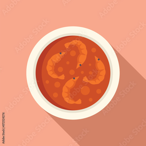Spicy thai soup with shrimps in white bowl on pink background