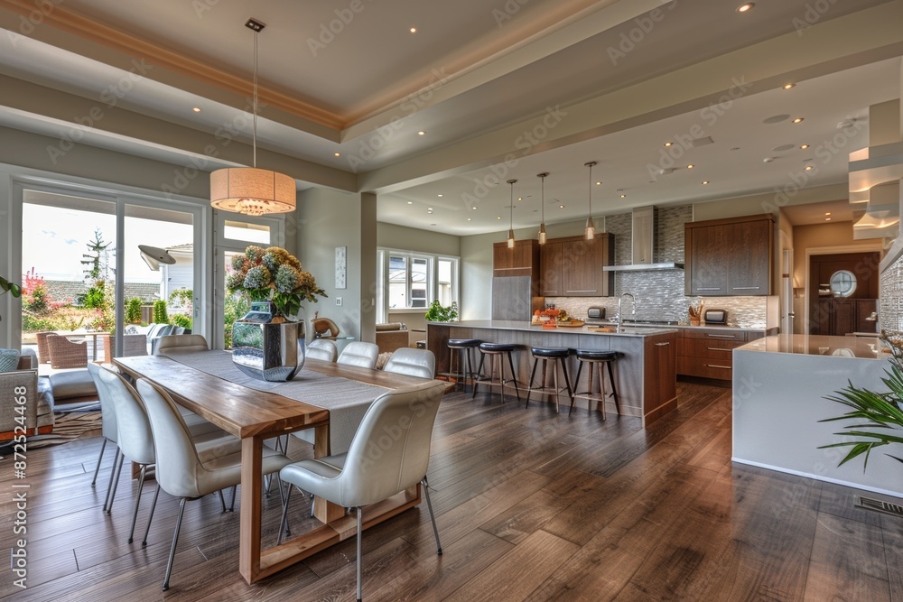 Dining room in luxury house. View of the kitchen and dining area Dining room in luxury house. View of the kitchen and dining area