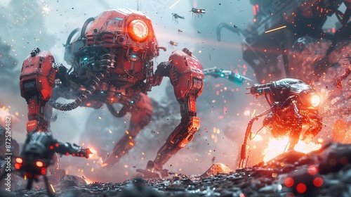 battle scene between robots and aliens in a post-apocalyptic wasteland