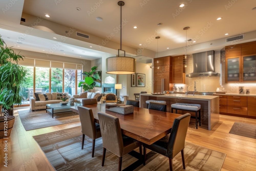 Kitchen and dining room in luxury house. View of dining room with kitchen island. Northwest, USA Kitchen and dining room in luxury house. View of dining room with kitchen island. Northwest, USA