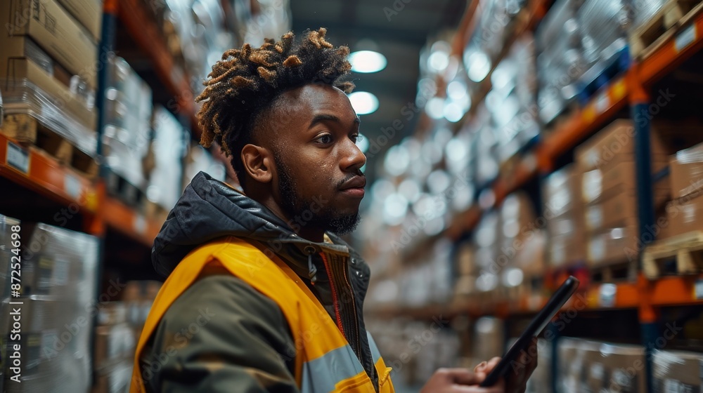 Warehouse Worker with Tablet in Industrial Storage Facility - Generative AI Warehouse Worker with Tablet in Industrial Storage Facility - Generative AI