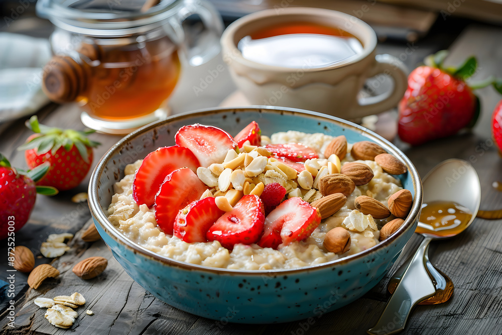 A bowl of oatmeal topped with sliced strawberries, nuts, and honey, accompanied by a cup of coffee or tea A bowl of oatmeal topped with sliced strawberries, nuts, and honey, accompanied by a cup of coffee or tea