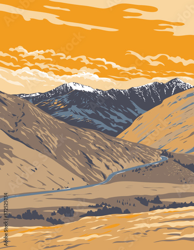 WPA poster art of the Remarkables Kawarau viewed from Arthurs Point in Queenstown, Otago, South Island of New Zealand done in works project administration or federal art project style.