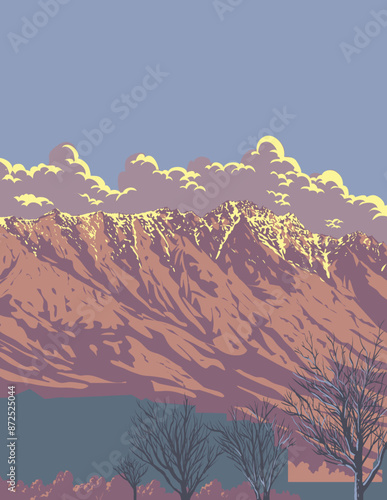 WPA poster art of the Remarkables mountain range in the Southern Alps viewed from Queenstown, Otago, South Island of New Zealand done in works project administration or federal art project style.
