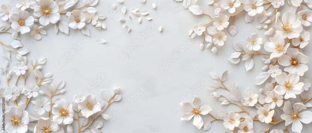 Elegant White Floral Background with Delicate Paper Flowers and Leaves on a Light Textured Surface Elegant White Floral Background with Delicate Paper Flowers and Leaves on a Light Textured Surface